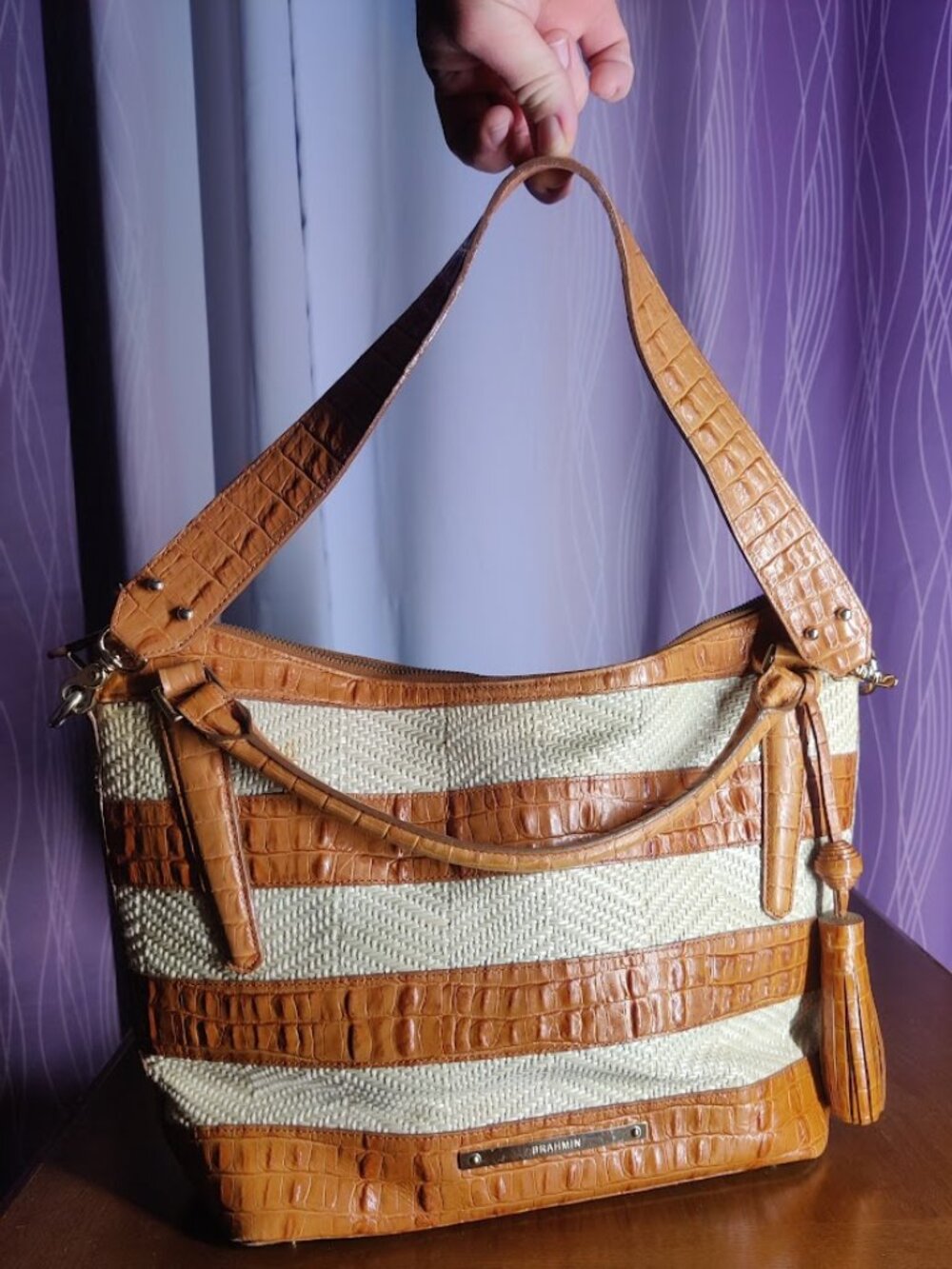 Brahmin Norah Vineyard Raffia and Embossed Whiskey Leather Hobo Handbag Purse